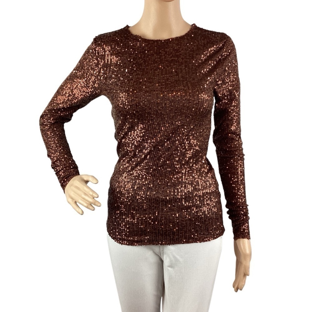 Free People Gold Rush Sequin Long Sleeve Top Size XS Hot Chocolate